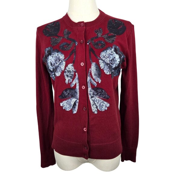 NWOT J. Crew Sequin Floral Embroidered Jackie Cardigan Small Red Unique Elegant - Picture 3 of 11